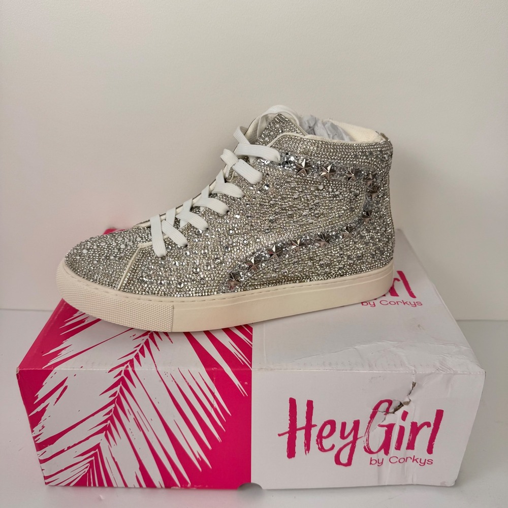 Hey Girl Flashy Women 9 Silver Rhinestone High Top Sneaker Star Studded Glam